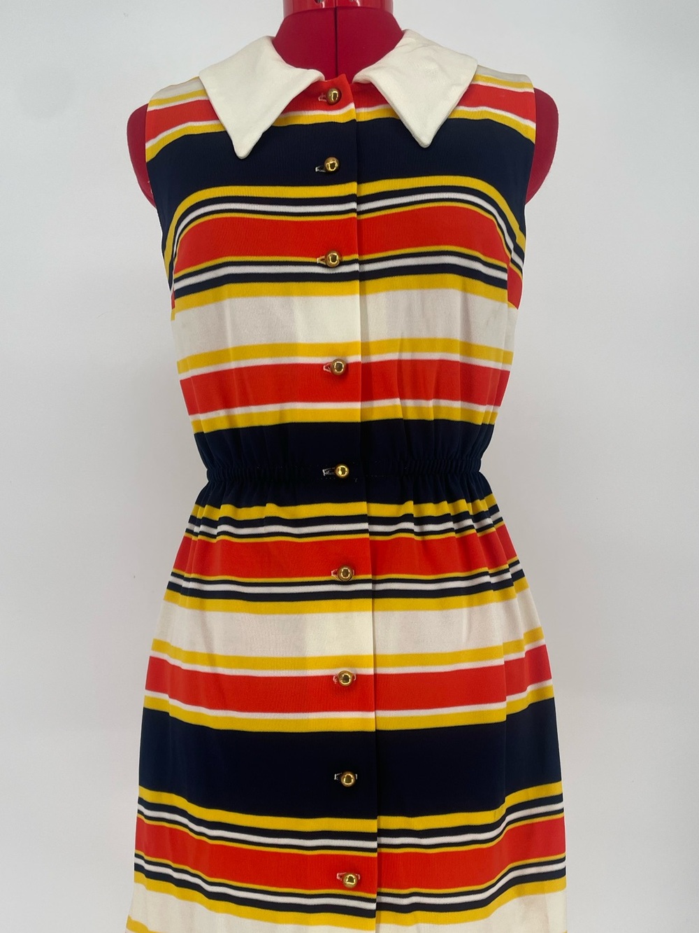 60s 70s Striped Vibrant / Primary Colors Sleeveless Collared Shirt Dress - Picture 5 of 16